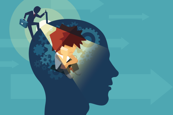 Vector of an business adult man opening a human head with a child subconscious mind sitting inside